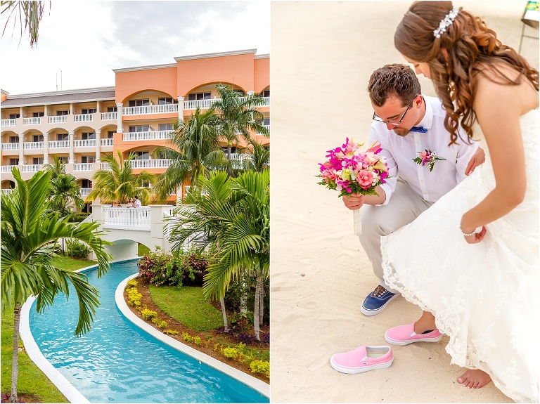 side by side, on left, the bride and groom kiss on the bridge over the lazy river surrounded by palm trees, on right, the groom helps the bride into her pink Vans