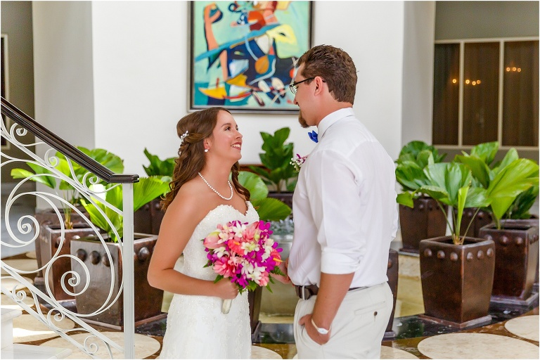 the bride and groom lock eyes for the first look before their Montego Bay wedding