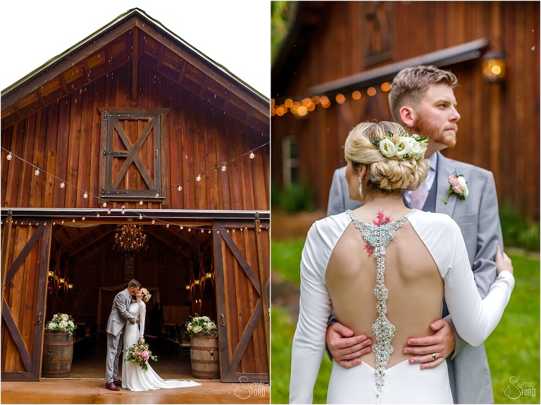 on left, bride & groom kiss in barn door, on right, bride & groom embrace at Florida barn wedding