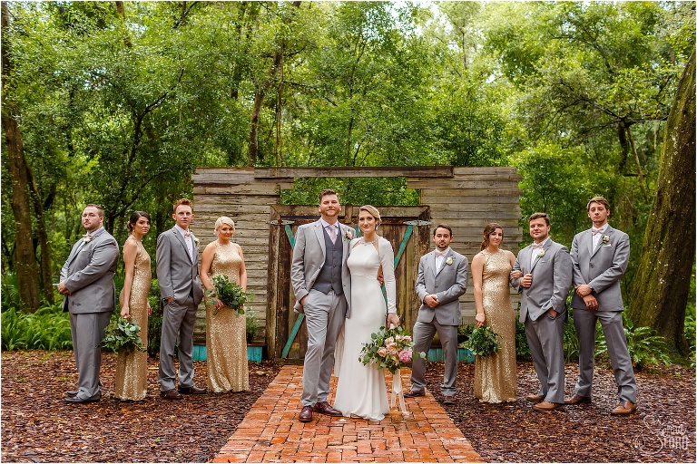 wedding party in grey suits & gold sequin dresses at Bridle Oaks Barn wedding
