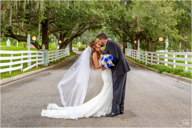 bride & groom kiss in tree covered road at highland manor wedding