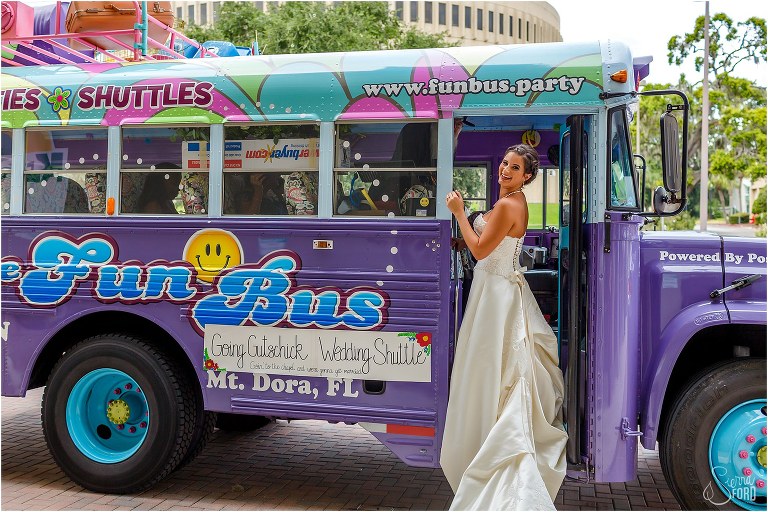 bride at tavares pavilion wedding on fun bus