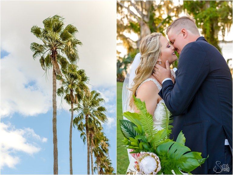 on left, gigantic palm trees line street, on right, bride smiles as groom goes to kiss her at Mission Inn wedding