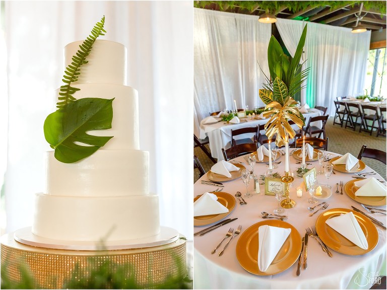 on left, elegant white wedding cake with green leaves, on right, white, gold & green table designs at Mission Inn wedding
