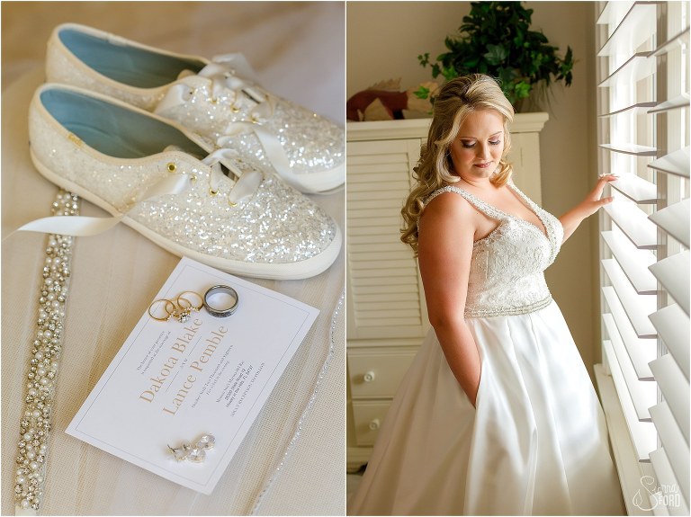 on left, sparkly Kate Spade bridal sneakers, on right, bride looks out window before Mission Inn wedding
