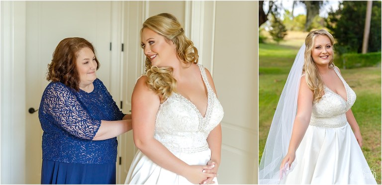 on left, mom buttons up bride's dress, on right, bride twirls in gorgeous wedding dress at Mission Inn wedding