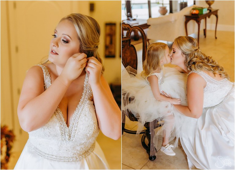 on left, bride puts on her earrings before Mission Inn wedding, on right, bride kisses daughter before wedding