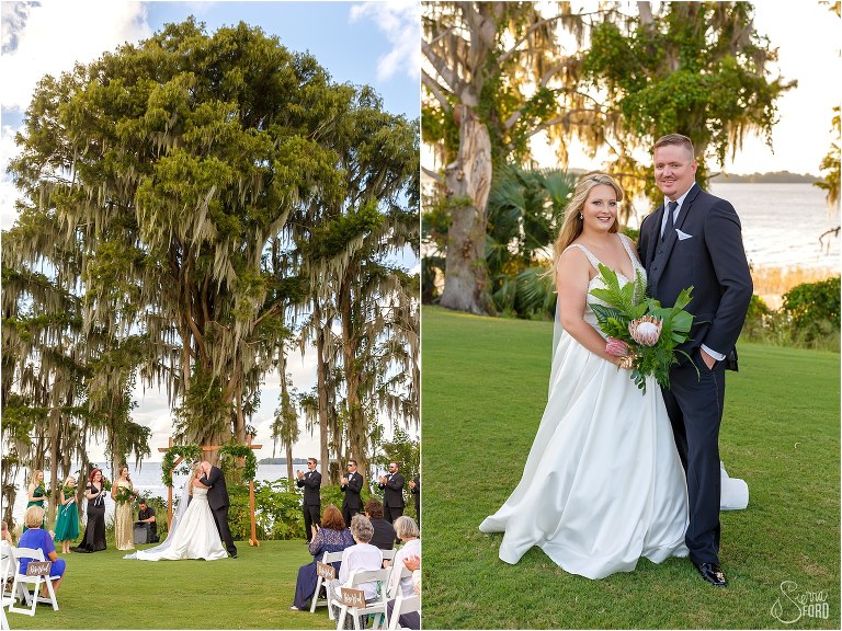 on left, bride & groom share first kiss at Mission Inn wedding ceremony, on right, bride & groom looking elegant