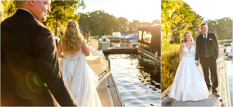 on left, sun flares as bride & groom walk down dock at Marina Del Rey, on right, bride & groom hand in hand on boat dock at Mission Inn wedding