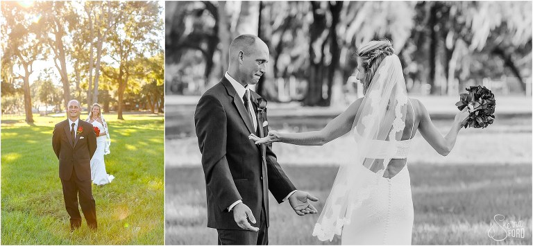 on left, bride approaches groom for first look, on right, groom sees bride in her dress for the first time before their Central Florida winery wedding