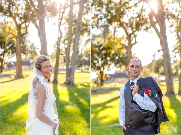 bride & groom smile in field at Central Florida winery wedding
