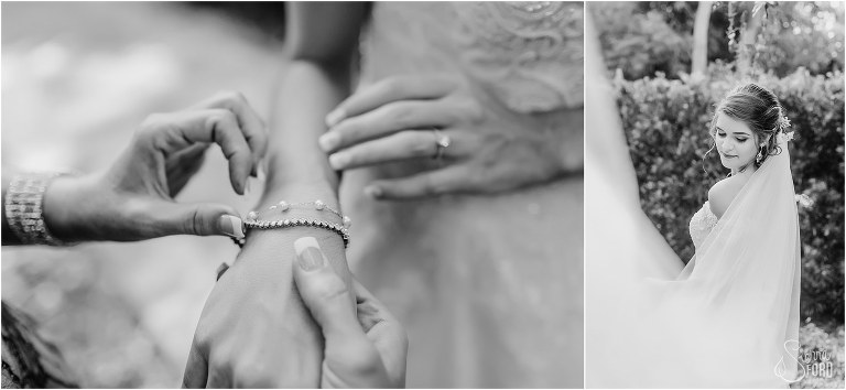 on left, mother of the bride puts bracelet on bride, on right, bride surrounded by gorgeous long veil before Club Lake Plantation wedding