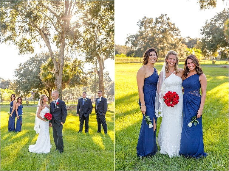 on left, wedding party looks on as bride & groom laugh, on right, bride & bridesmaids in royal blue bridesmaids dresses before Central Florida winery wedding