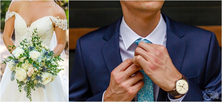 on left, gorgeous Orlando Flower Market white & blue bridal bouquet, on right, groom adjusts blue tie before Club Lake Plantation wedding