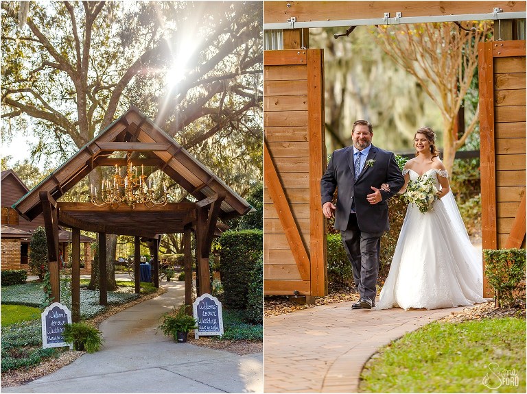 on left, sun shines over ceremony entrance, on right, bride & father begin walk down the aisle at Club Lake Plantation wedding ceremony