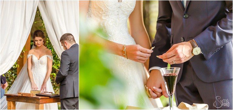 on left, peek of bride through curtains on alter, on right, bride & groom hold hands as they share communion during Club Lake Plantation wedding ceremony
