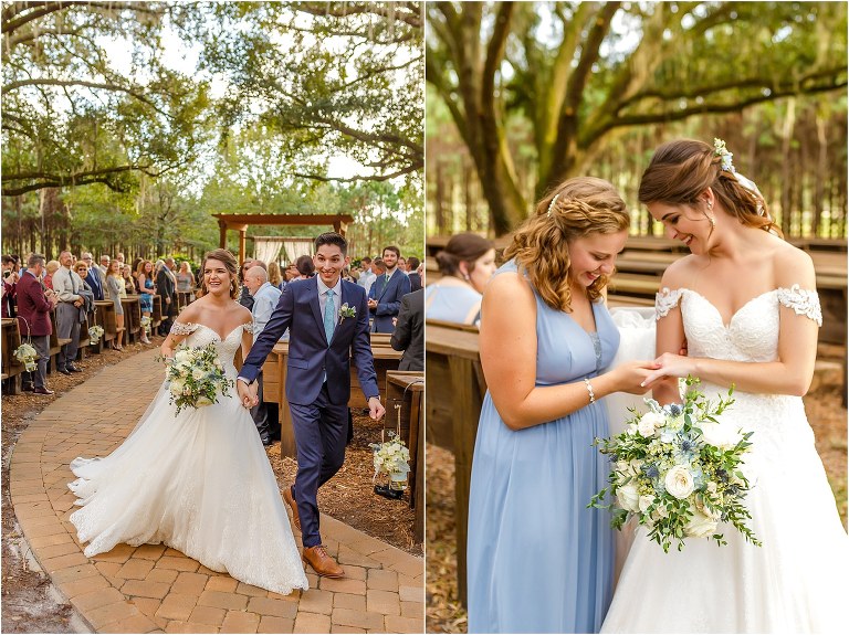 on left, bride & groom exit Club Lake Plantation wedding ceremony grinning, on right, maid of honor checks out bride's new ring