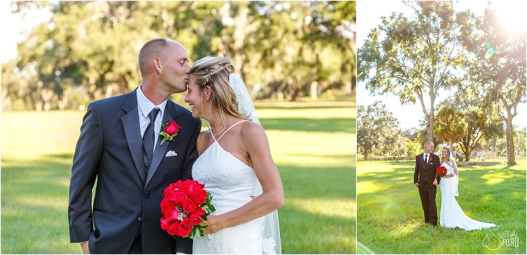 on left, groom kisses his bride's forehead at Central Florida winery wedding, on right, sun flares over bride & groom in field
