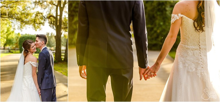 on left, bride laughs as groom whispers in her ear, on right, bride & groom's fingers intertwine as sun flares at Club Lake Plantation wedding