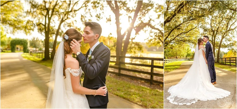 on left, sun sets behind the couple, on right, bride's gorgeous dress train as groom kisses her temple at Club Lake Plantation wedding