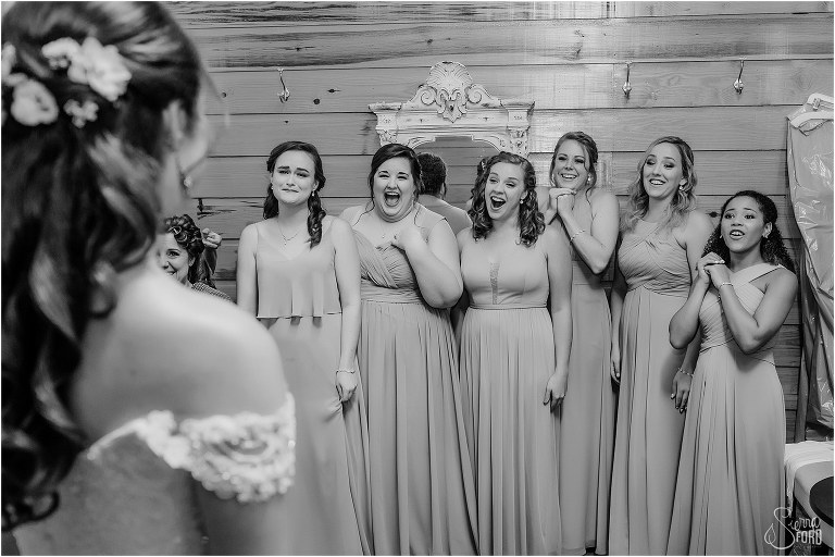 bridemaids' emotional reaction to seeing bride for first time before Club Lake Plantation wedding