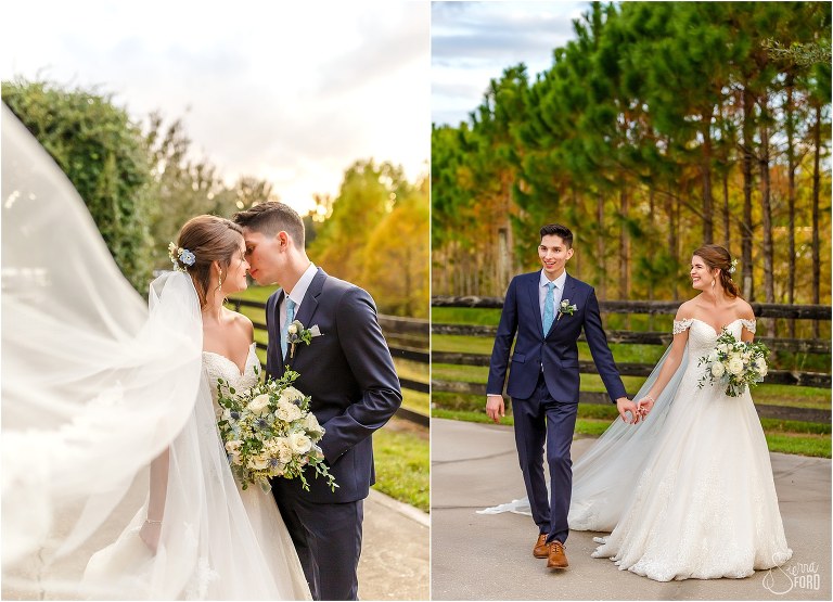 on left, bride & groom nuzzle in bride's veil, on right, bride laughs as they walk hand in hand at Club Lake Plantation wedding
