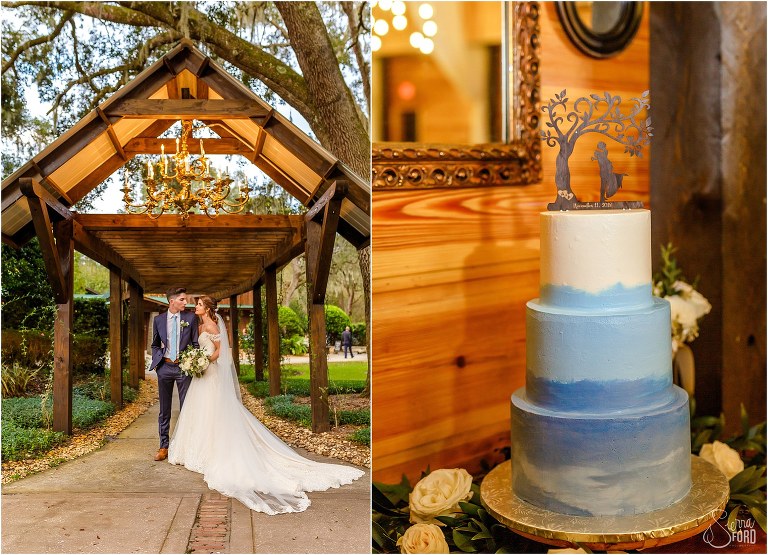 on left, bride & groom smile at entrance to Club Lake Plantation wedding reception, on right, blue marbled 4Rivers Specialty Cake