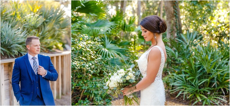 on left, groom in blue Men's Wearhouse suit, on right, bride stands among greenery before Amelia Island wedding