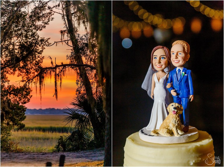 on left, sunset through the trees, on right, personalized cake topper for Amelia Island wedding reception