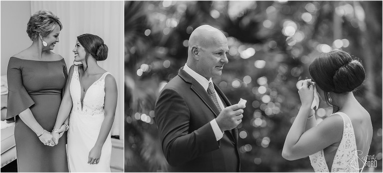 on left, bride shares moment with mom, on right, bride wipes tears away during first look with her father before Amelia Island wedding