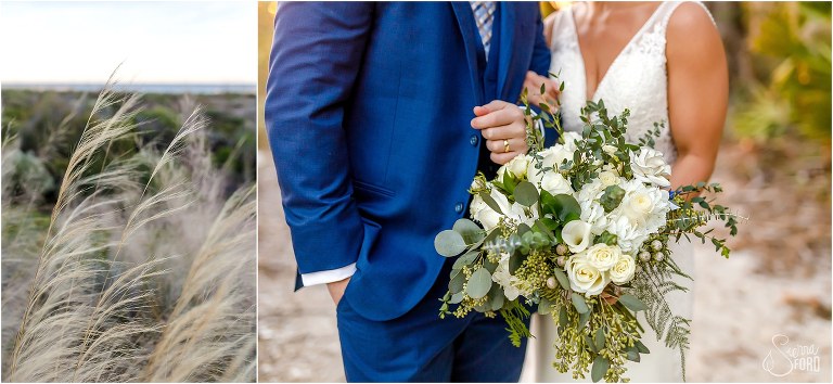 on right, feathered reed grass blows in the wind, on right, white & green bridal bouquet by Events by Miss Daisy at Amelia Island wedding