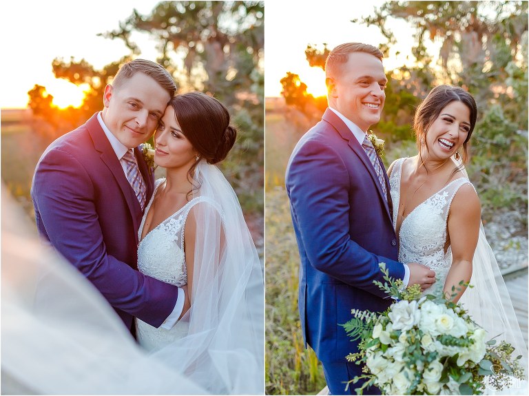 on left, bride's veil blows in wind as groom hugs her, on right, bride & groom laugh at each other at Amelia Island wedding