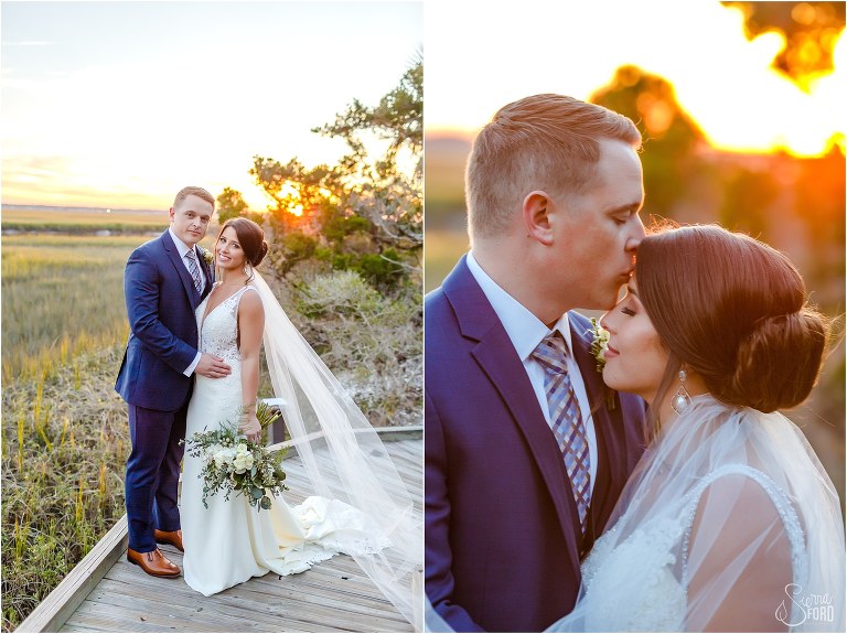 on left, bride & groom smile on wooden landing, on right, groom kisses bride's forehead as sun sets on Amelia Island wedding