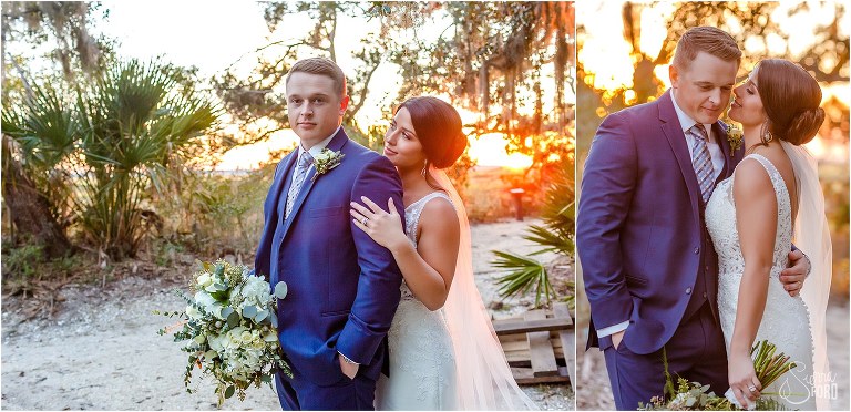 on left, bride holds groom from behind as sun sets, on right, bride whispers in groom's ear at Amelia Island wedding