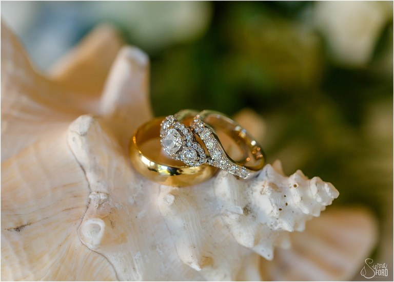 weddings rings rest on conch shell at Amelia Island wedding