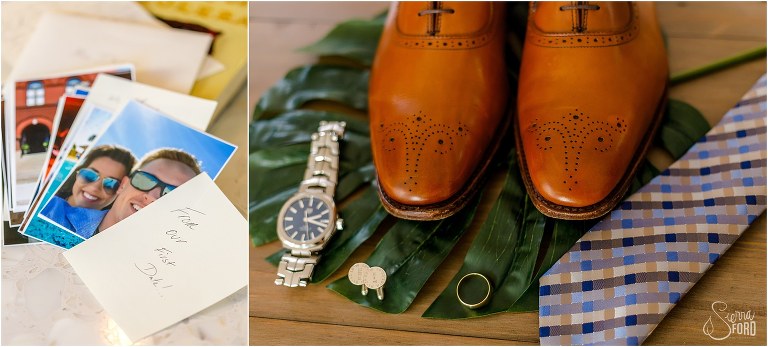 on left, photos from groom's gift to bride, on right, groom's blue and brown details at Amelia Island wedding