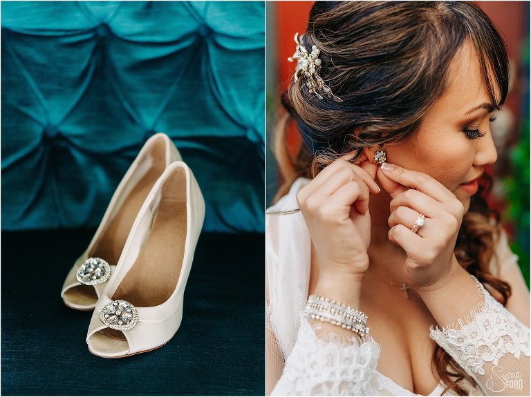 on left, bride's cream colored heels sit on teal armchair, on right, bride puts on earrings before Florida elopement
