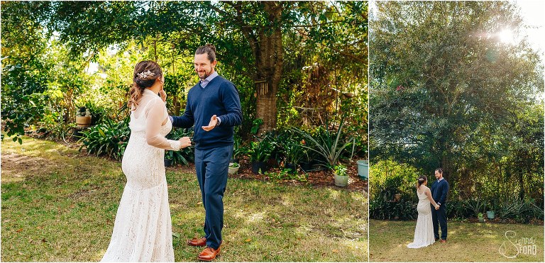 on left, groom sees bride in wedding dress for first time, on right, bride & groom hold hands and take a moment before Florida elopement