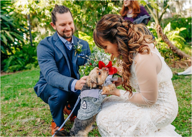 bride & groom say hi to their dogs before their Florida elopement
