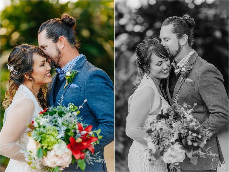 on left, groom whispers in bride's ear, on right, bride laughs as groom nuzzles her temple at Florida elopement