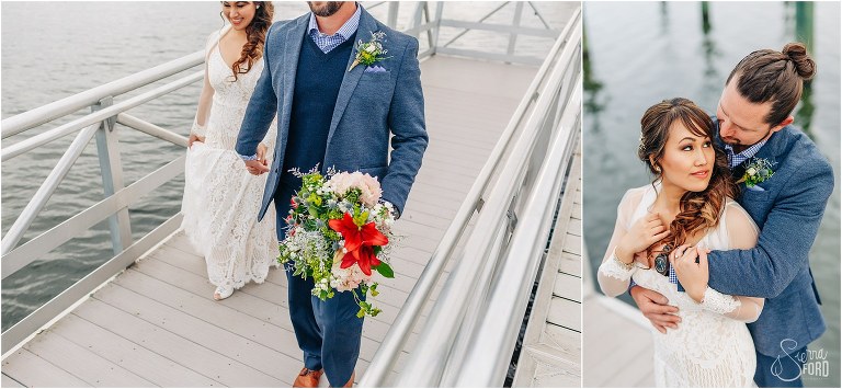on left, groom carries vibrant bridal bouquet as he leads her up the dock, on right, groom looks lovingly down at bride after Florida elopement