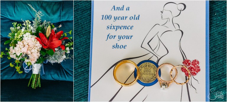 on left, vibrant bridal bouquet, on right, wedding rings & a sixpence before Florida elopement
