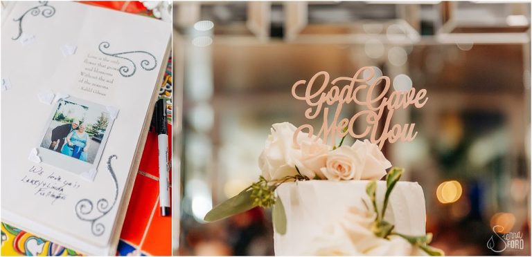 on left, DIY guestbook with polaroid photos, on right, "god gave me you" cake topper for Town Manor wedding