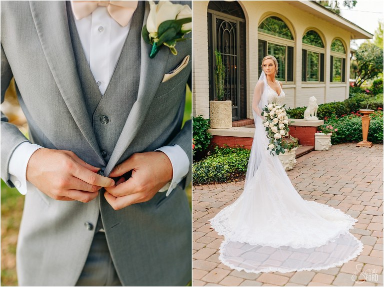 on left, groom buttons up grey suit at Town Manor wedding, on right, bride stands on red brick path with Kim E Flower bridal bouquet