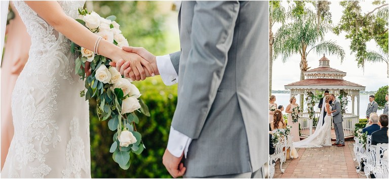 on left, bride & groom grasp hands, on right, bride & groom share first kiss as husband & wife at Town Manor wedding ceremony