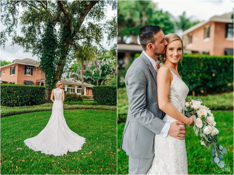 on left, bride's long Rachel Allan bridal train laid out over lawn, on right, bride smiles as groom kisses her cheek at Town Manor wedding