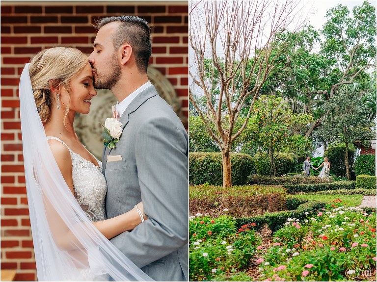 on left, groom kisses bride's forehead as veil wraps them up, on right, bride leads groom among gardens at Town Manor wedding