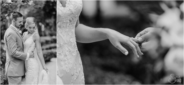 on left, groom gathers his bride in his arms, on right, groom slides engagement ring on bride's finger at Town Manor wedding