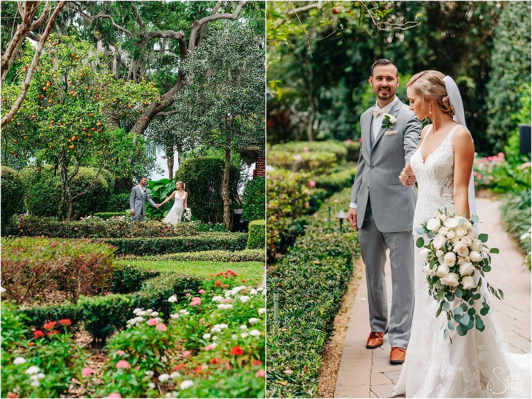 on left, bride & groom stroll among the flowers at Town Manor wedding, on right, groom smiles as bride takes his hand