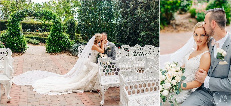on left, bride kisses groom on white antique benches at Town Manor wedding, on right,groom kisses bride's temple